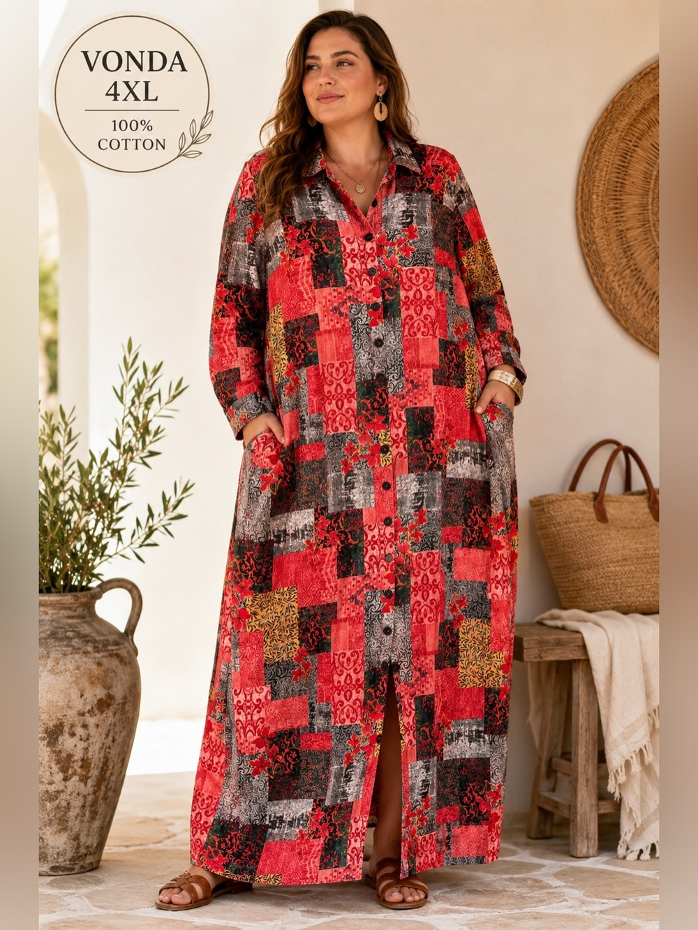 VONDA 4XL 100% Cotton Patchwork Print Button Front Shirt Dress Maxi Plus Size